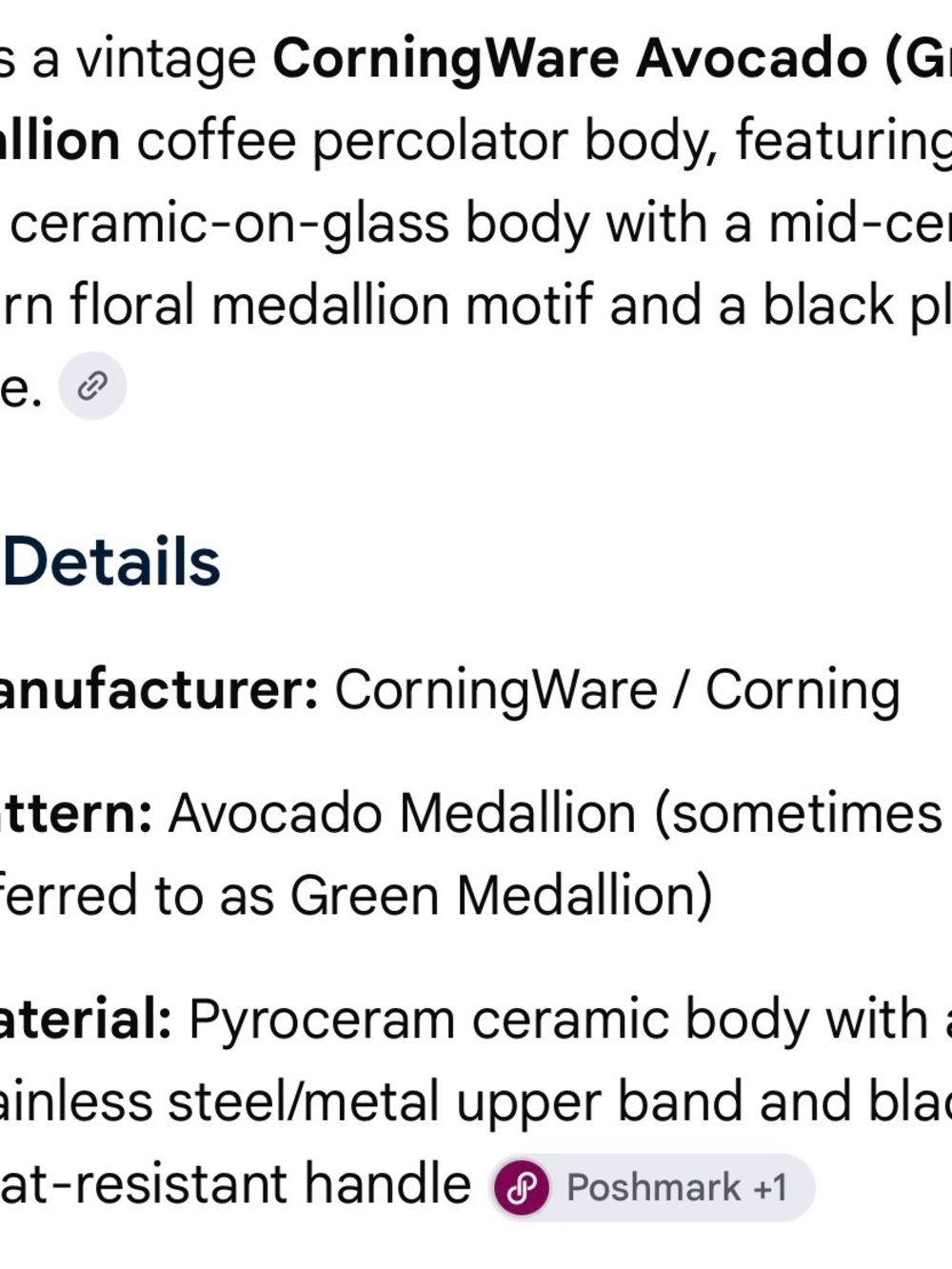 Corning Ware Avocado Green Medallion Stove Top Coffee Percolator 6 Cup Complete - Picture 13 of 13